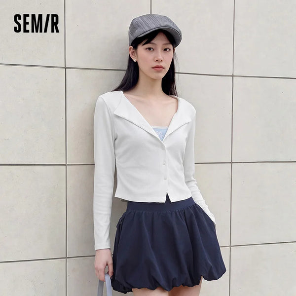 អាវយឺត Semir សម្រាប់នារី ដៃវែង ខ្លី ស្លីម ប៊ូតុងខាងមុខ ទាន់សម័យ ស្លៀកប្រចាំថ្ងៃ រដូវស្លឹកឈើជ្រុះ ឆ្នាំ២០២៦