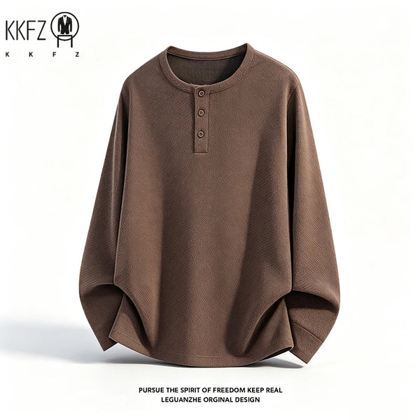 Mens Button Notch Henley Pullover Long Sleeve Waffle Knit Fabric Loose Fit For Daily And Casual Occasions