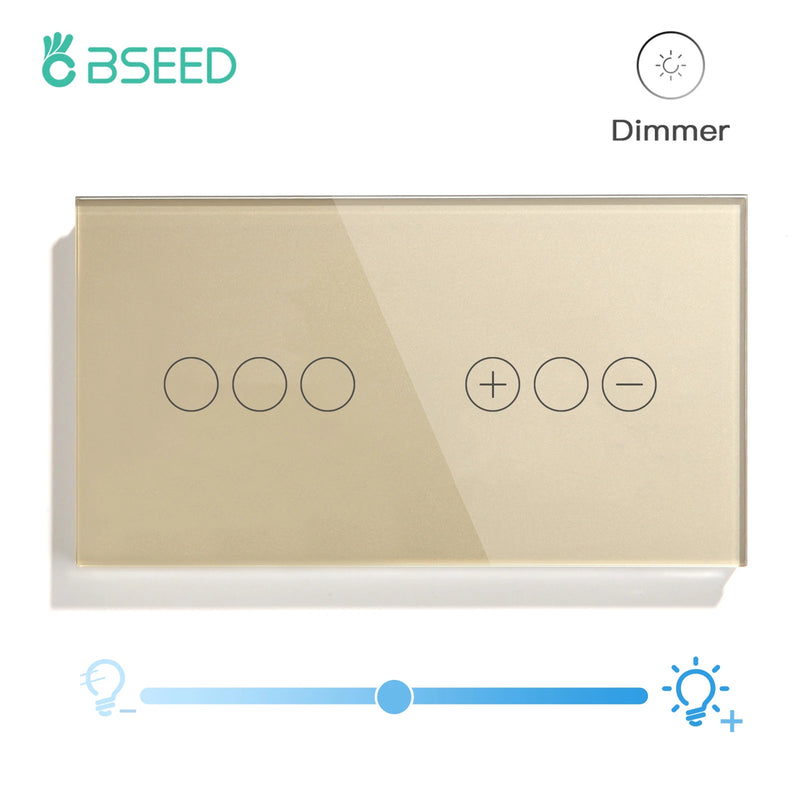 BSEED EU Standard LED Dimmable Light Switch 1/2/3Gang 1way Touch Light Switch With Wall Dimmer Switches Tempered Crystal Glass