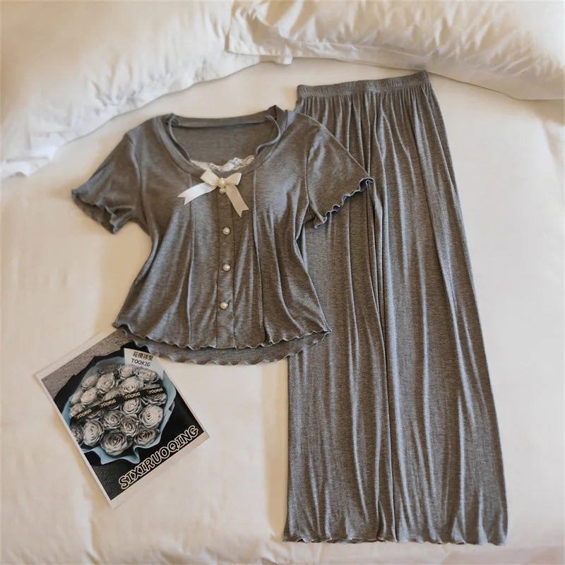 Summer Pajamas For Women New Elegant Modal Sleepwear Set Korean Bow Short Sleeve Trousers Sets Chest Pad Nightwear Home Suit