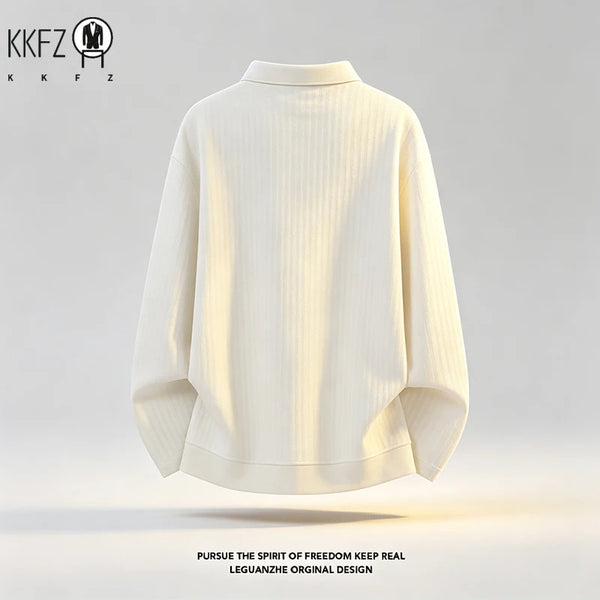 Mens Autumn Casual Polo Pullover Lapel Collar Long Sleeve Button Front Loose Silhouette Ribbed Knit Material Daily Outfit