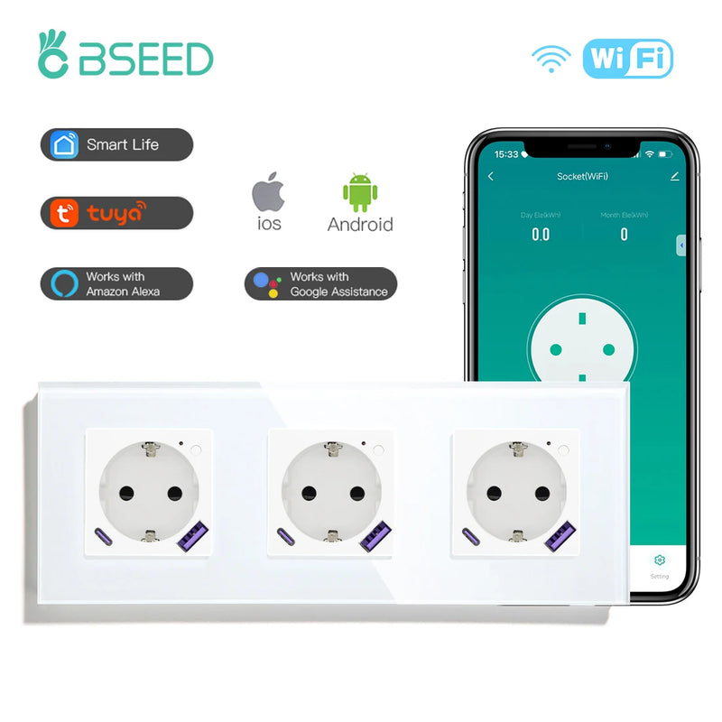 BSEED EU Standard Wifi Smart Socket With 20W USB Type-C Port Power Monitor Timing Function Tuya Alexa Smart Home Control 16A