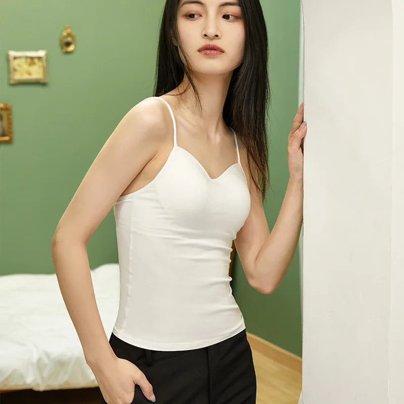 Cotton Knitted Solid Color Chest Pad Sling Top Deep V Neck Slim Bra Integrated Vest for Women One Piece Sleepwear Pajamas