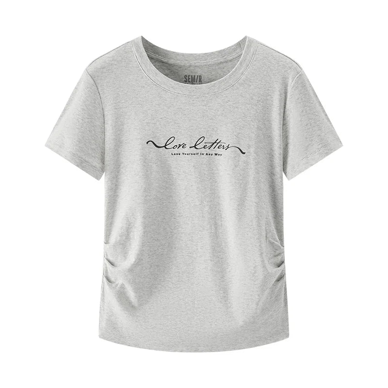 Semir Womens Tshirt 2026 Short Style Slim Printed Regular Shoulder Ruched Waist Slim Fit Casual Soft Daily Wear
