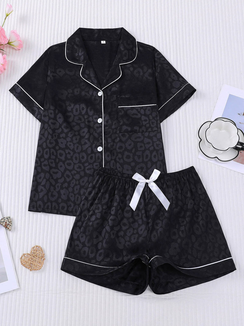 Leopard Print Summer Pajamas with Shorts Lapel Collar Tops Loungewear Sets Woman Nightwear New Ice Silk Short Sleeve Sleepwear