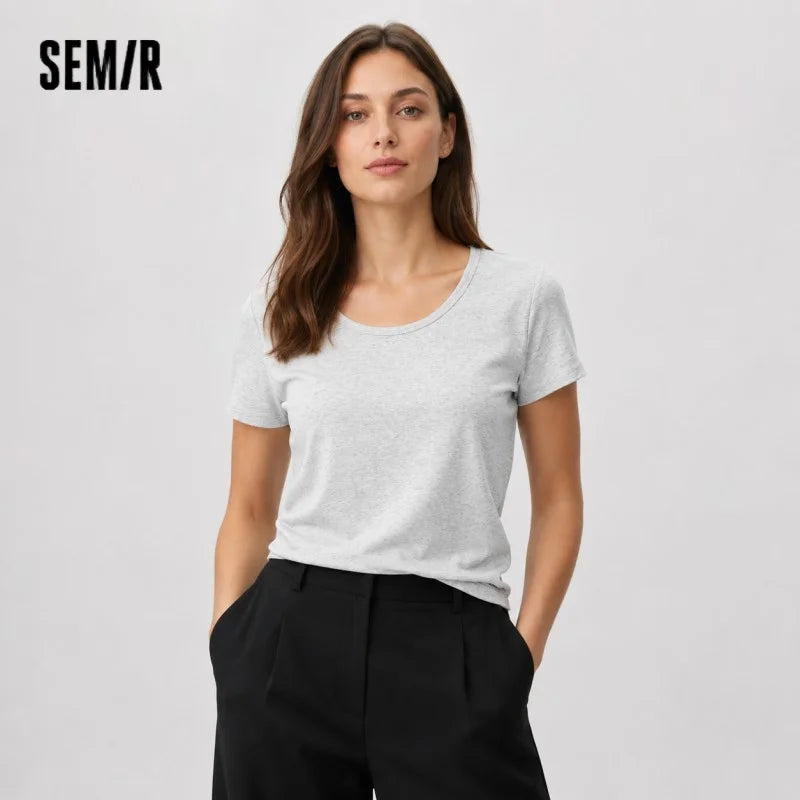 Semir Womens Tshirt 2026 Short U Neck Regular Shoulder Ruched Slim Embroidered Knitted