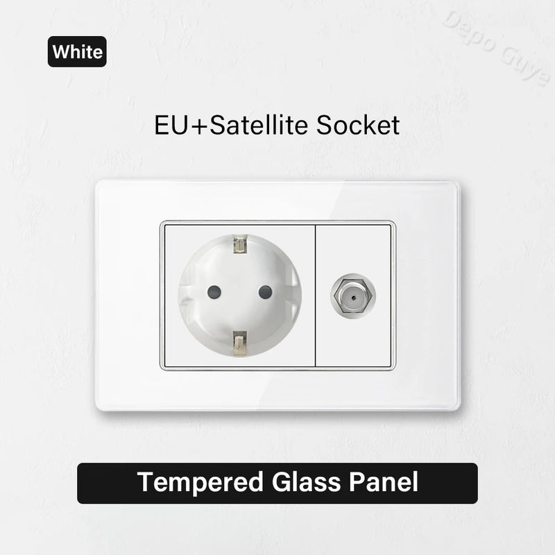 White Tempered Glass Panel Wall Light Switch Rocker Button EU Sockets Fast Charging CAT6 TV Power Outlet 118*75mm 16A AC110-250V