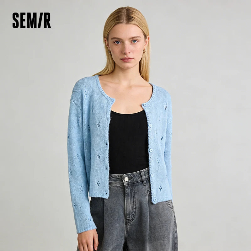 Semir Red Cardigan Women 2026 Spring Hollow Out Crew Neck Loose Gentle Style Casual Comfortable Fashion Knitwear Top