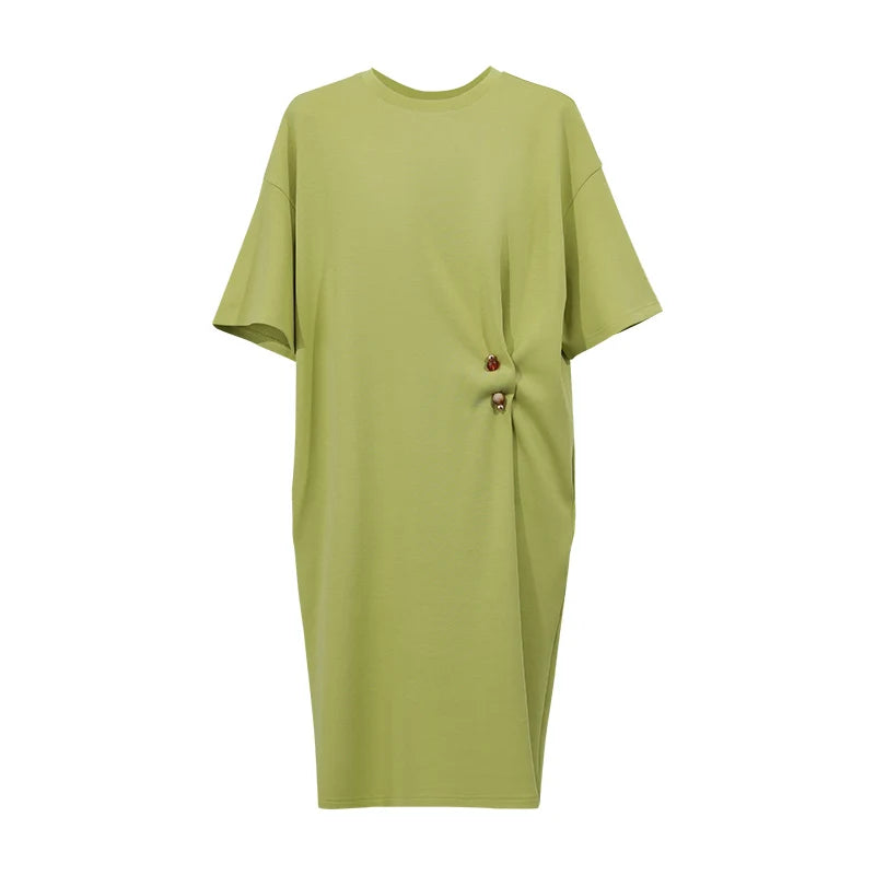 Amii 2026 Summer Womens Dresses New O Neck Drop Shoulder Short Sleeve Loose Dress Cotton Air Layer Casual Woman Clothes 12652040