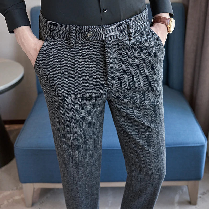 2026 Men's Black Herringbone Pants, Winter Fashion Slim Trousers, Gray, Brown, Coffee, Apricot, Green To Choose From,Asian Size