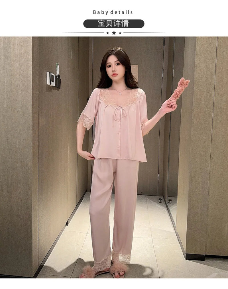 Silk Pajama Set Short Sleeve Long Pants 2 Piece Loungewear Home Clothes Sleepwear Pijama Summer Suit Loungewear Set for Women
