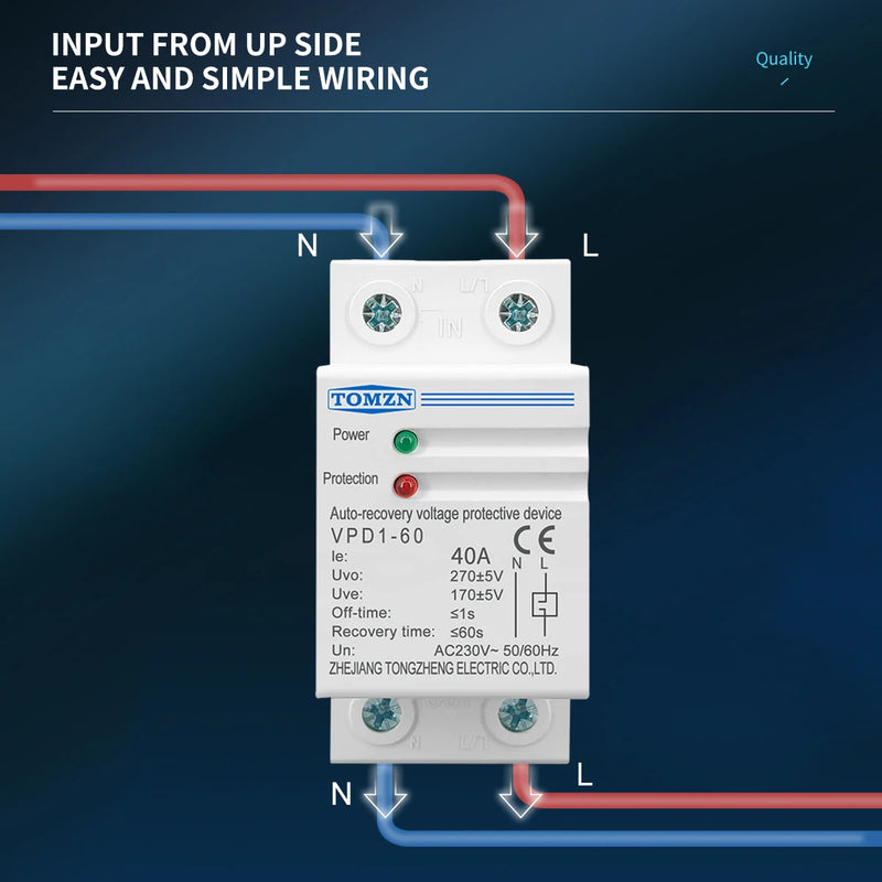 TOMZN 40A 230V Household Din rail automatic recovery reconnect over voltage and under voltage  protective device protector