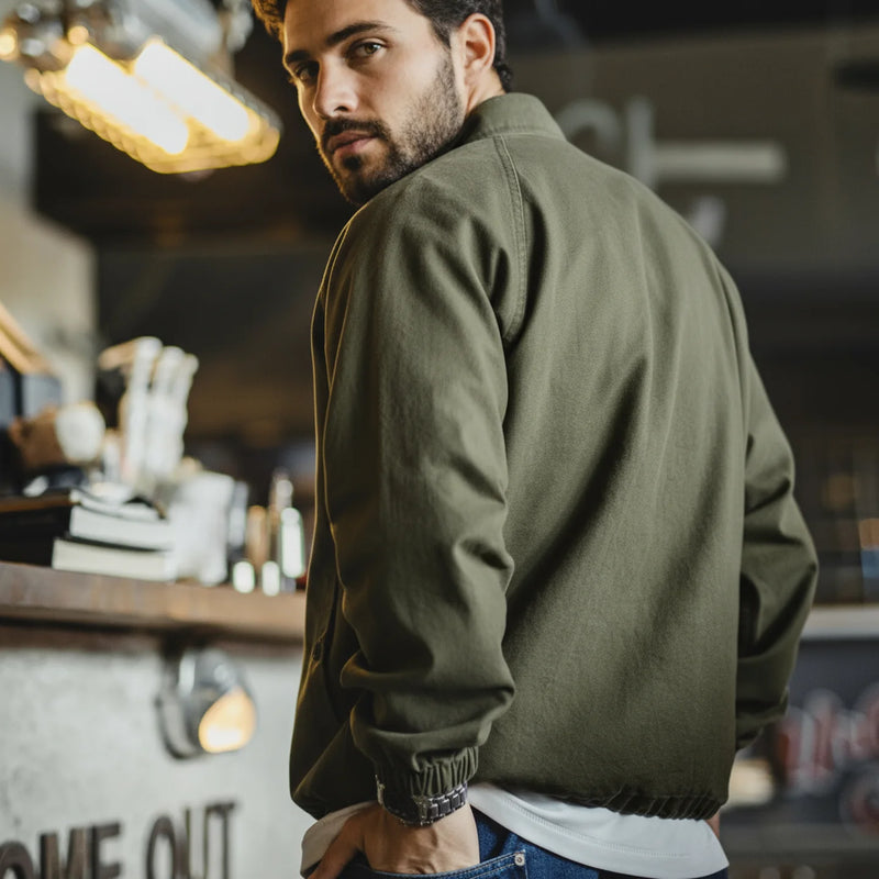អាវធំ Maden បុរស Vintage M-65 Field Jacket ពណ៌បៃតងកប្បាស Zipper Army Coat Stand Collar Drawstring Windbreaker សម្រាប់រដូវផ្ការីក និងរដូវស្លឹកឈើជ្រុះ