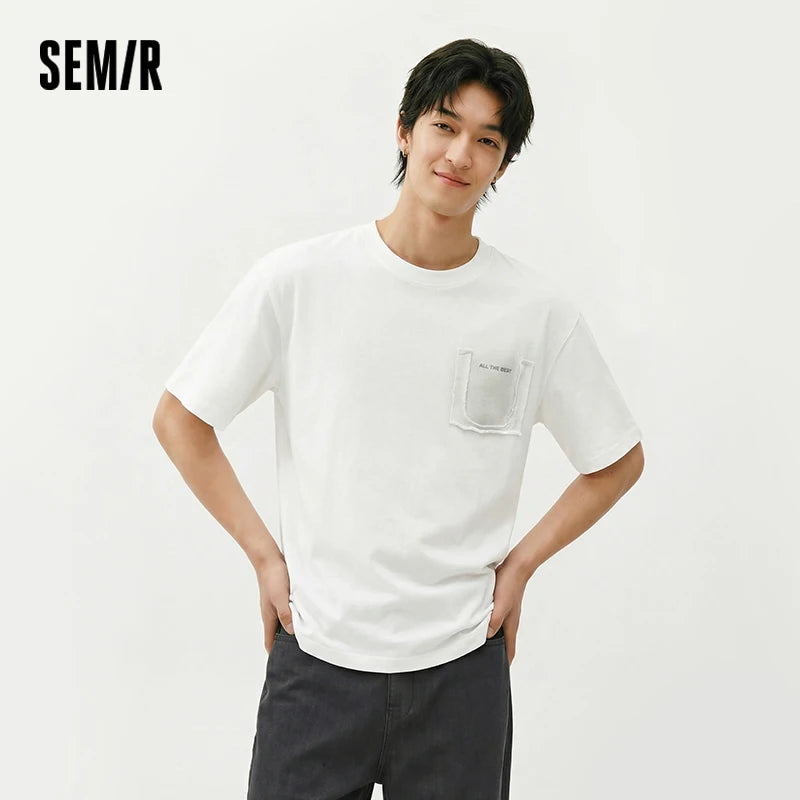 Semir Mens Tshirt 2026 Vintage Washed Printed Knitted Fake Pocket Loose Crew Neck Casual Fashion Soft