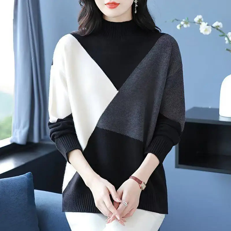Patchwork Color Pulls Woman Clothing Spring Autumn Loose Turtleneck Winter Sweater Tops Female Warm Knitwear Woolen Blouse