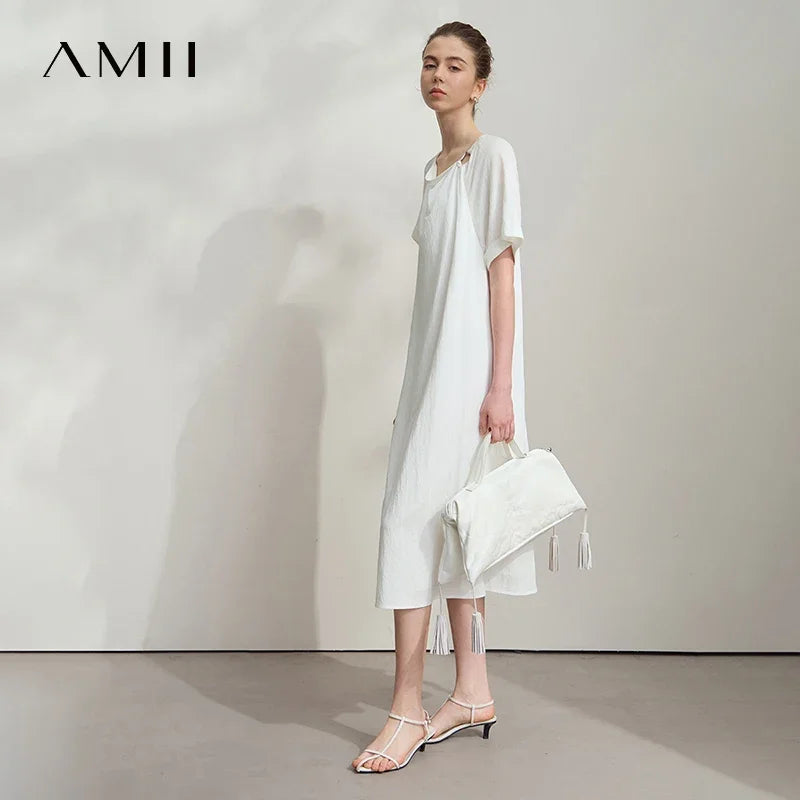 AMII Minimalist Women's Dress Raglan Sleeve 2026 Summer Short Sleeve Solid Swing Collar Hollow Out Loose Female Dress 12551030