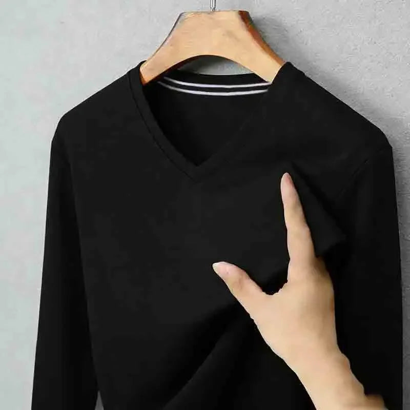 2026 New Men's Brown V-neck Long Sleeve Shirt Casual Business Commute Top for Office