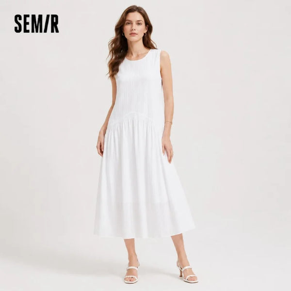 រ៉ូបស្ត្រី Semir ធ្វើពីក្រណាត់ Jacquard Linen កប្បាស អាវយឺតខ្លី រចនាប័ទ្មវិស្សមកាលរបស់ក្មេងស្រី អាវធំពណ៌ស Maxi ឆ្នាំ ២០២៦ រដូវក្តៅ