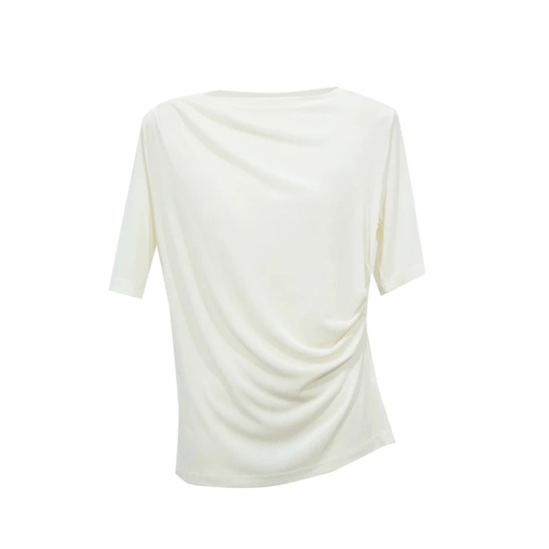 Amii Women's T-Shirt 2026 Summer New Boat Neck Acetate Asymmetric Pleated Stretch Top Fitted Waist Casual Short Tee 12652084