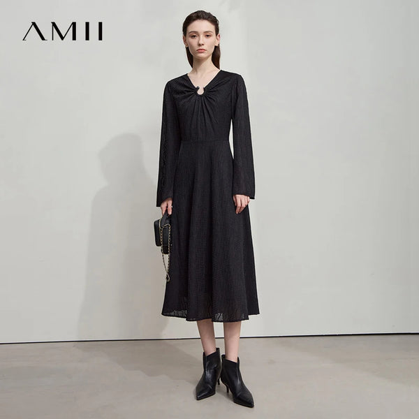 AMII Women's 2026 Autumn Dress Irregular Neck Elegant Casual Pullovers Flared Long Sleeves Dress Ladies Clothes 12523080