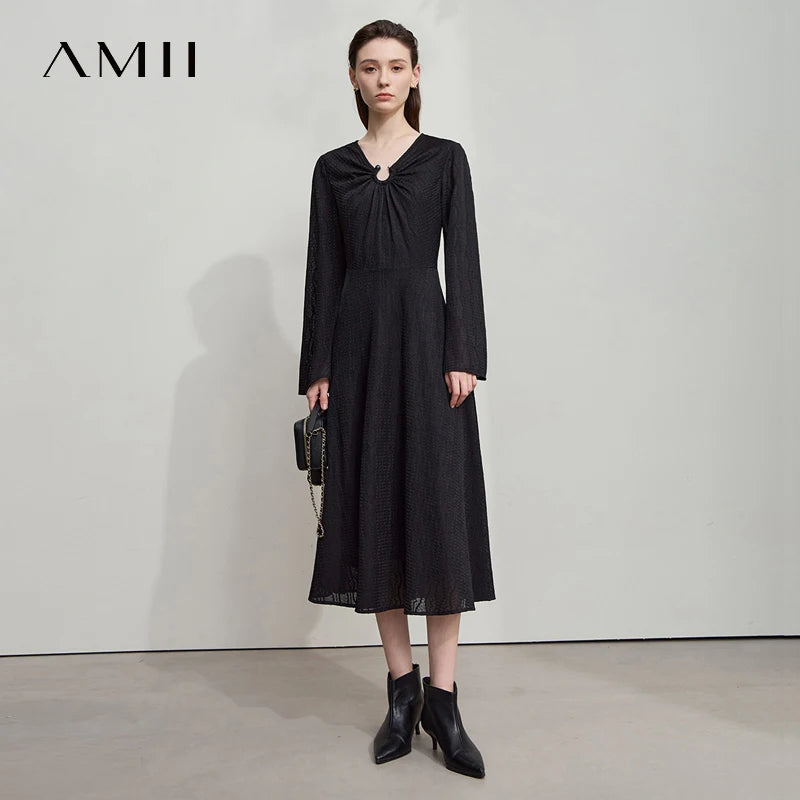AMII Women's 2026 Autumn Dress Irregular Neck Elegant Casual Pullovers Flared Long Sleeves Dress Ladies Clothes 12523080