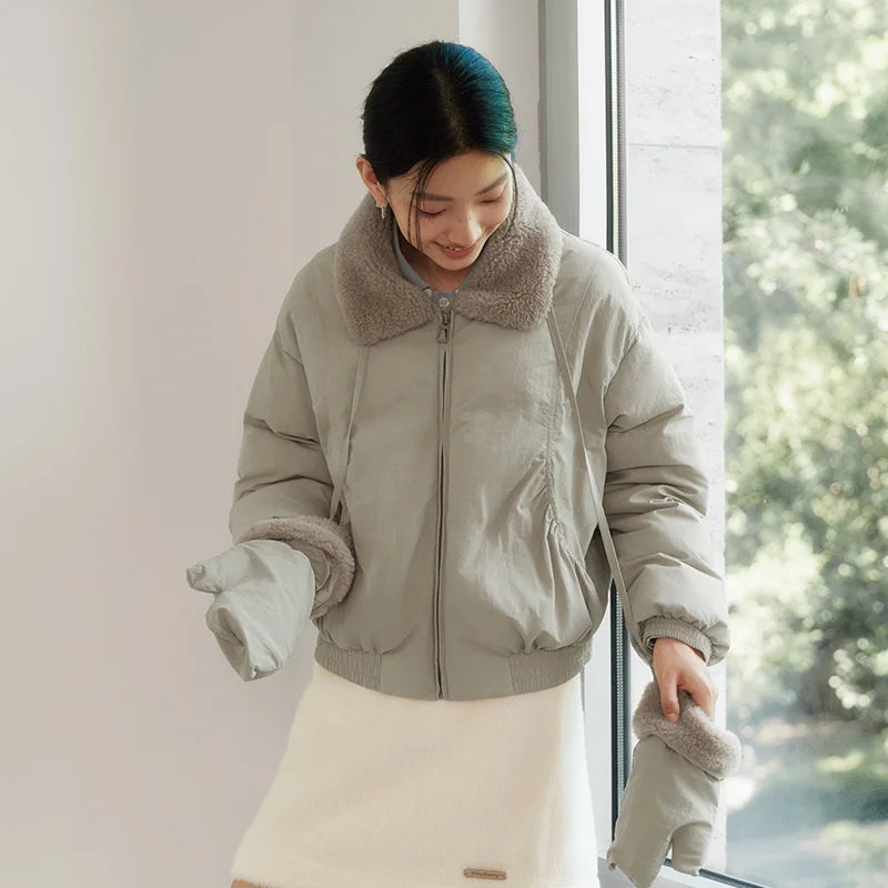 Semir Cotton Coat Women Winter Fleece Lapel Glove Loose Paneled Textured 2025 New Fashion Retro Casual Cotton Jacket