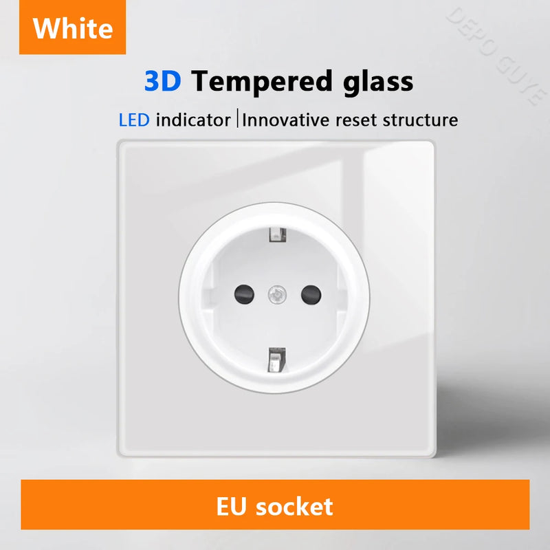 White LED indicator light switch Panel glass piano key Self-reset wall switch socket,UK Universal USB Type-C Electrical outlet
