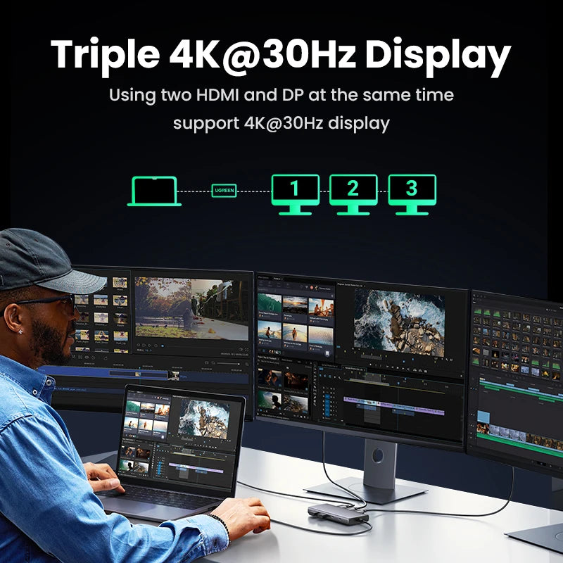 UGREEN USB C HUB 10Gbps Triple Display 4K HDMI Adapter 8-in-1 Splitter with HDMI DP USB3.2 PD 100W Dock for MacBook Pro Air PC