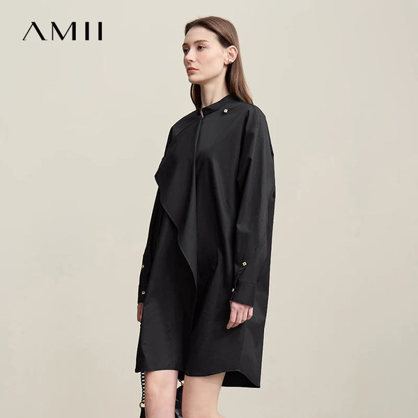 រ៉ូបនារី Amii ឆ្នាំ២០២៦ រដូវស្លឹកឈើជ្រុះថ្មី រ៉ូបកប្បាស អាវមិនស៊ីមេទ្រី រលុង ដៃអាវស្មាទម្លាក់ សម្លៀកបំពាក់នារី 12641027
