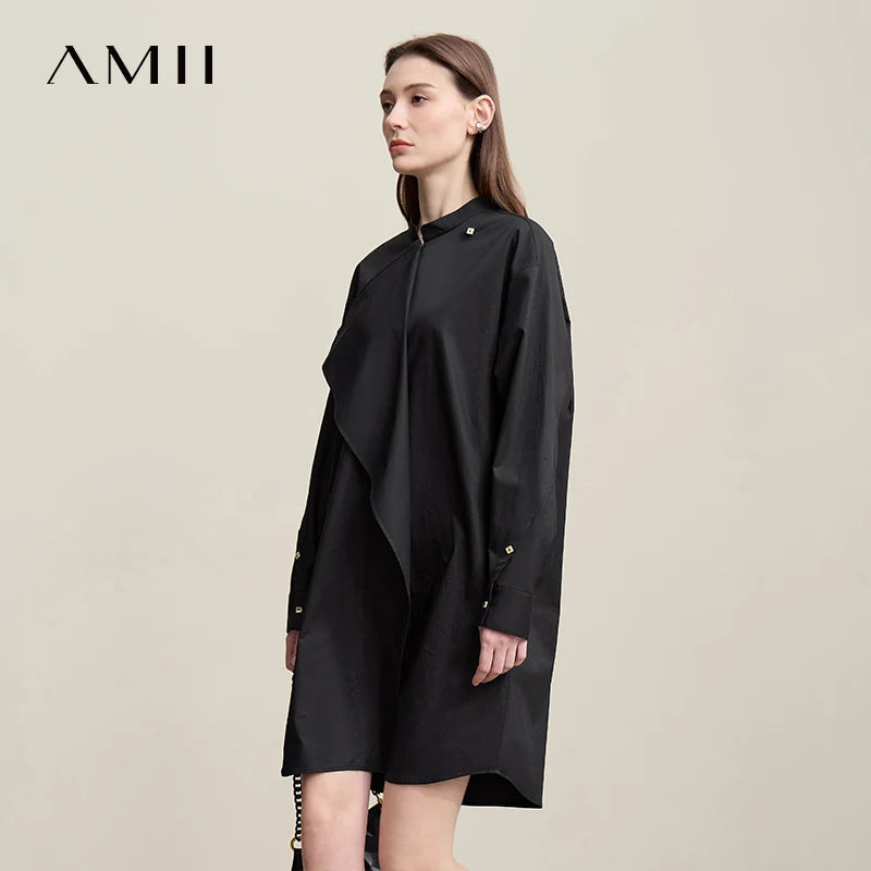 រ៉ូបនារី Amii ឆ្នាំ២០២៦ រដូវស្លឹកឈើជ្រុះថ្មី រ៉ូបកប្បាស អាវមិនស៊ីមេទ្រី រលុង ដៃអាវស្មាទម្លាក់ សម្លៀកបំពាក់នារី 12641027