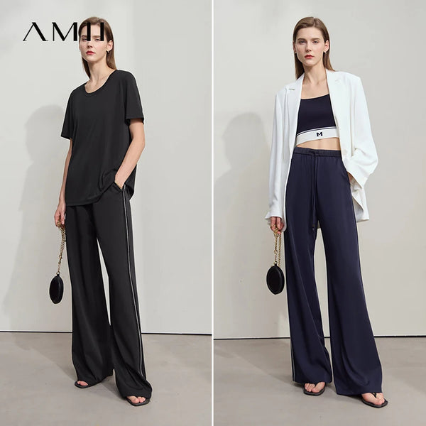 Amii Loose Casual Pants Solid Color Straight 2026 Summer Office Lady Draped Pockets Draped Slim Tie Webbing Trousers 12542178