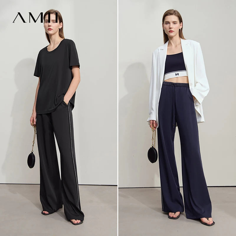 Amii Loose Casual Pants Solid Color Straight 2026 Summer Office Lady Draped Pockets Draped Slim Tie Webbing Trousers 12542178