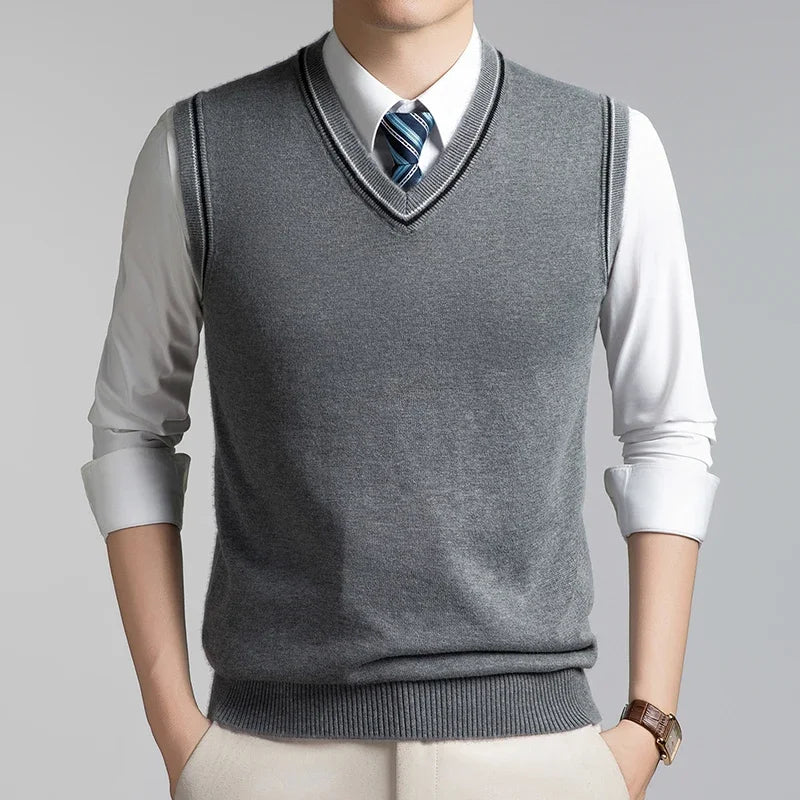 Mens Sleeveless V Neck Knit Sweater Vest Contrast Rib Edge Soft Elastic Knitwear Formal Office Layering Tank Top Fall