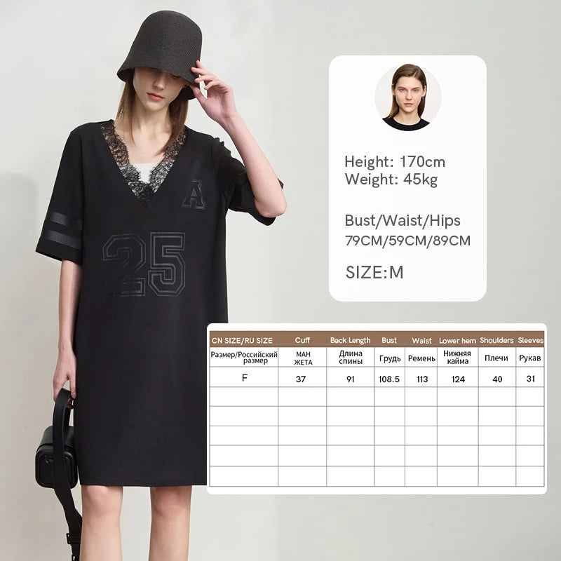 Amii Women Dress 2026 Minimalist Lace Patchwork V-Neck Loose Letter Number Print Medium Sleeves Straight Tube Dress 12542008