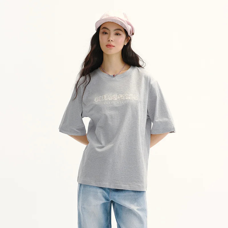 Cotton Lace Letter Embroidery Short Sleeve Summer 2026 Loose Fit Trendy Everyday Style Casual Top