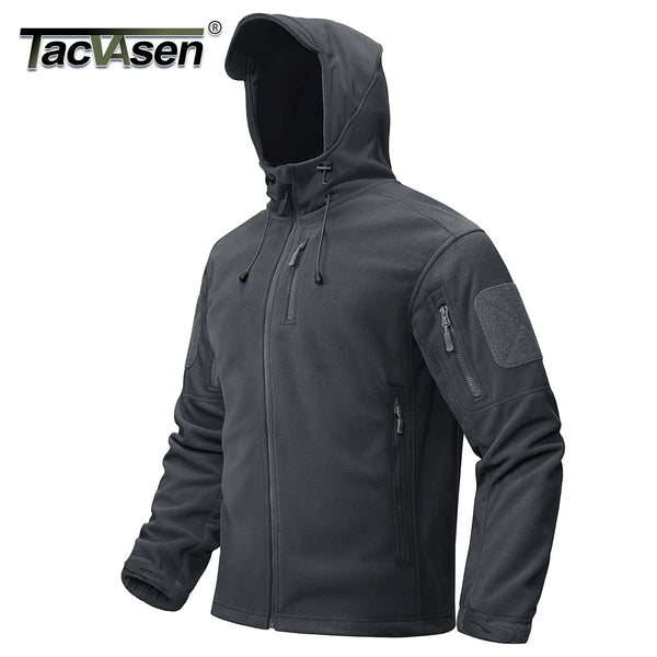 TACVASEN Men's Winter Tactical Full-Zip Fleece Hooded Jacket Windproof Coat with 6 Zipper Pockets for Outdoor Hiking And Fishing