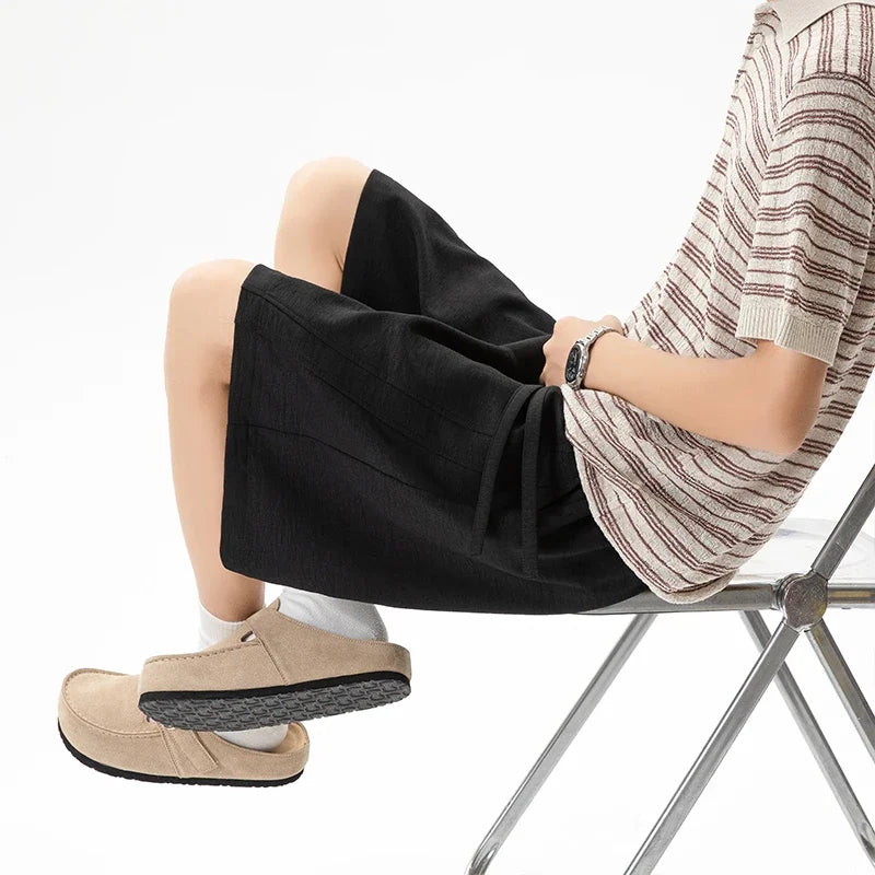 Light Textured Casual Shorts Men Knee Length Elastic Waist Drawstring Outdoor Leisure Essential Daily Wear Bottoms