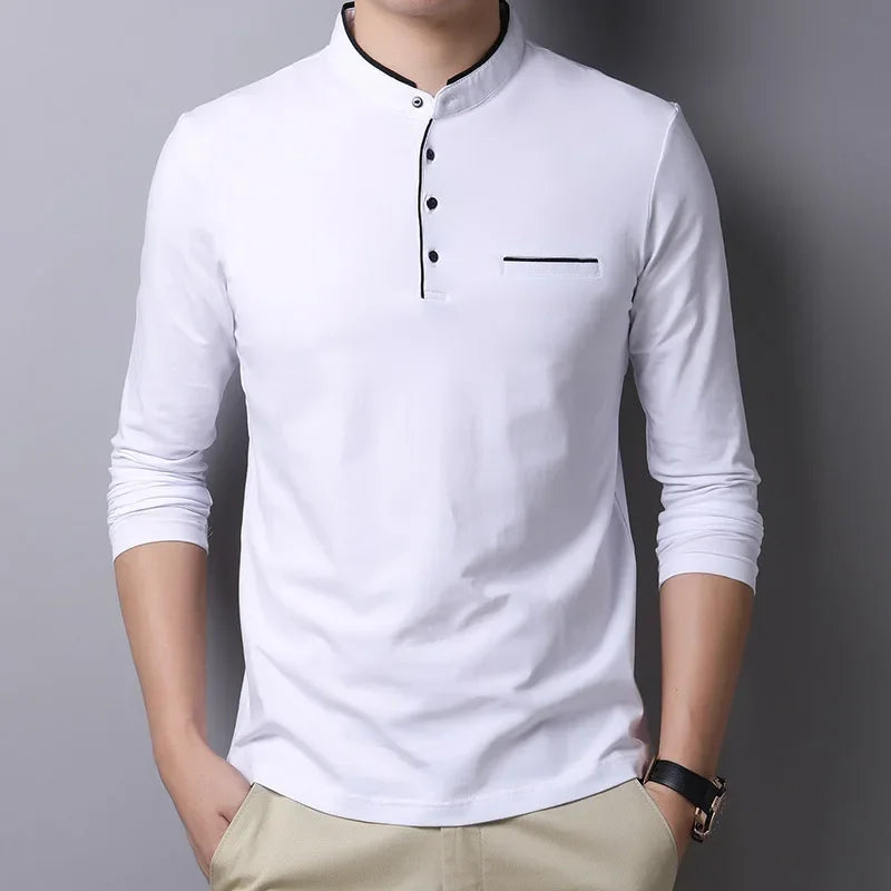 Men's Korean Style Business Casual Long Sleeve T-Shirt Three Button Stand-up Collar Comfortable Versatile Top for Men