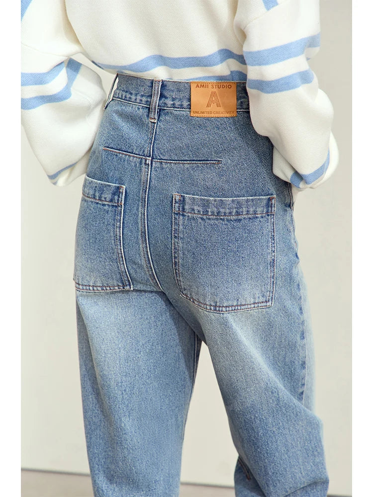 Amii Minimalism Jeans for Women 2026 Autumn New 100% Cotton Denim Style Cotton Loose Casual Retro Trousers Female Pants 12443158