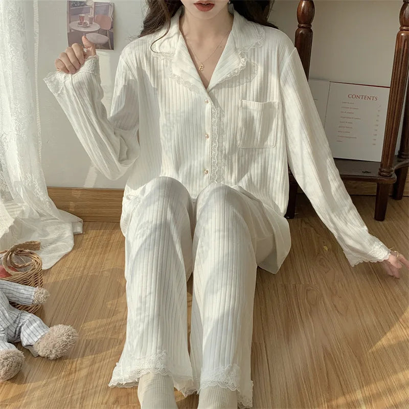 High Quality Korean White Pajamas For Women Sweet Lace Cotton Sleepwear Set Long Sleeve Spring Autumn Home Wear Pijamas Suit
