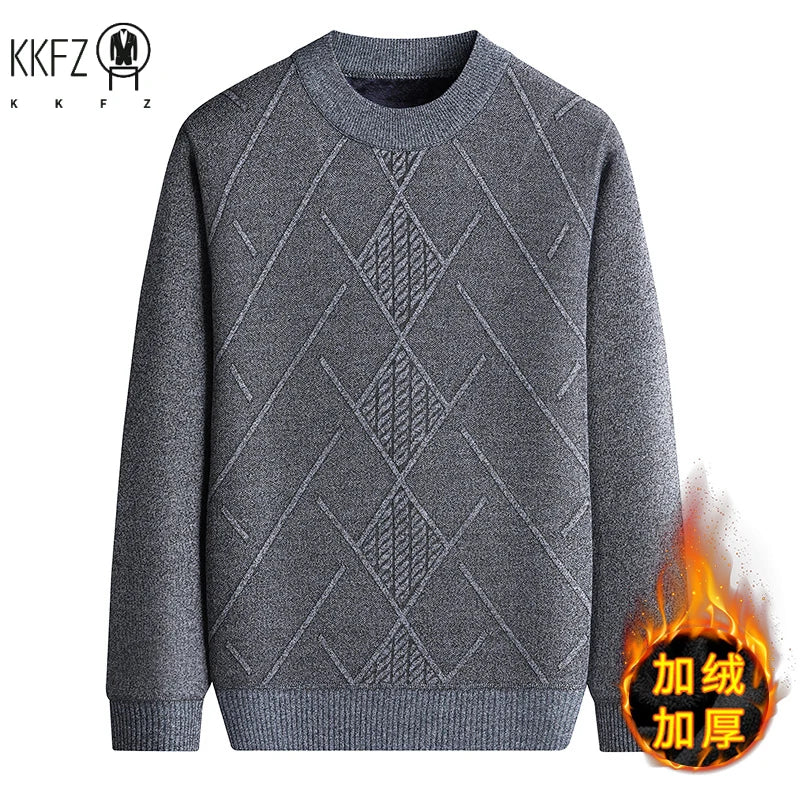 Breathable Outer Knit Men Thermal Jumper Full Plush Inner Retro Rhombus Jacquard Daily Commuting Pullover