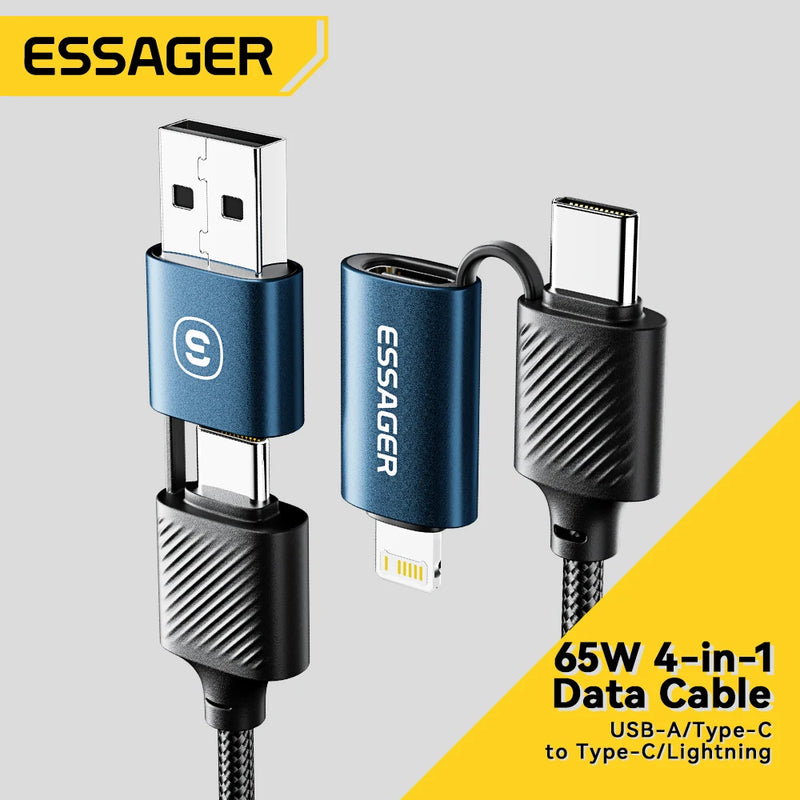 ខ្សែសាក USB Essager 4 ក្នុង 1 ប្រភេទ C 65W PD សាកលឿន ខ្សែ Type C ដល់ Type C សម្រាប់ iPhone 16 15 14 Pro Max iPad HUAWEI Xiaomi