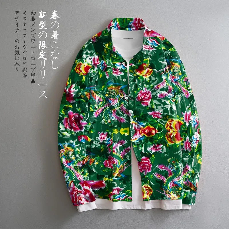 2026 Men's Red Printed Long Sleeve Shirts, Single-Breasted Square Collar Shirt, Chinese Nostalgia Style Tops Camisa Male Chemise