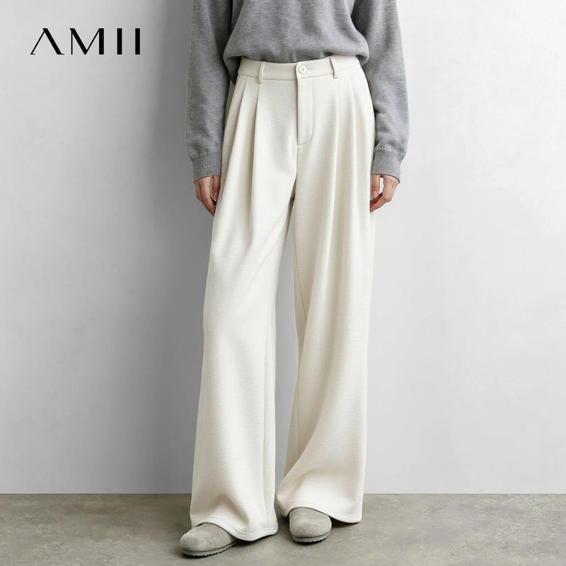 Amii Women's Wide Leg Pants Loose Fit Pleated Front Warm Casual Commuter Versatile Winter Trousers 2026 Woman Clothing 12644001