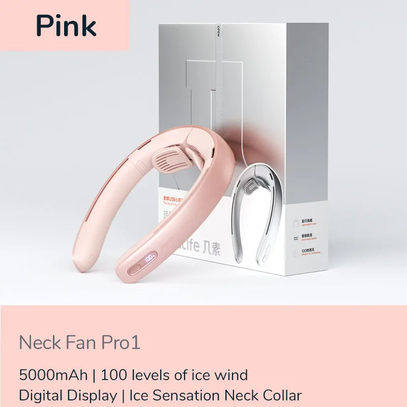 JISULIFE Portable Neck Fan，100 Speed Wind，5000mah Battery，17 Hour Work Time，Mini Electric Neck Fan Usb Rechargeable Neckband Fan