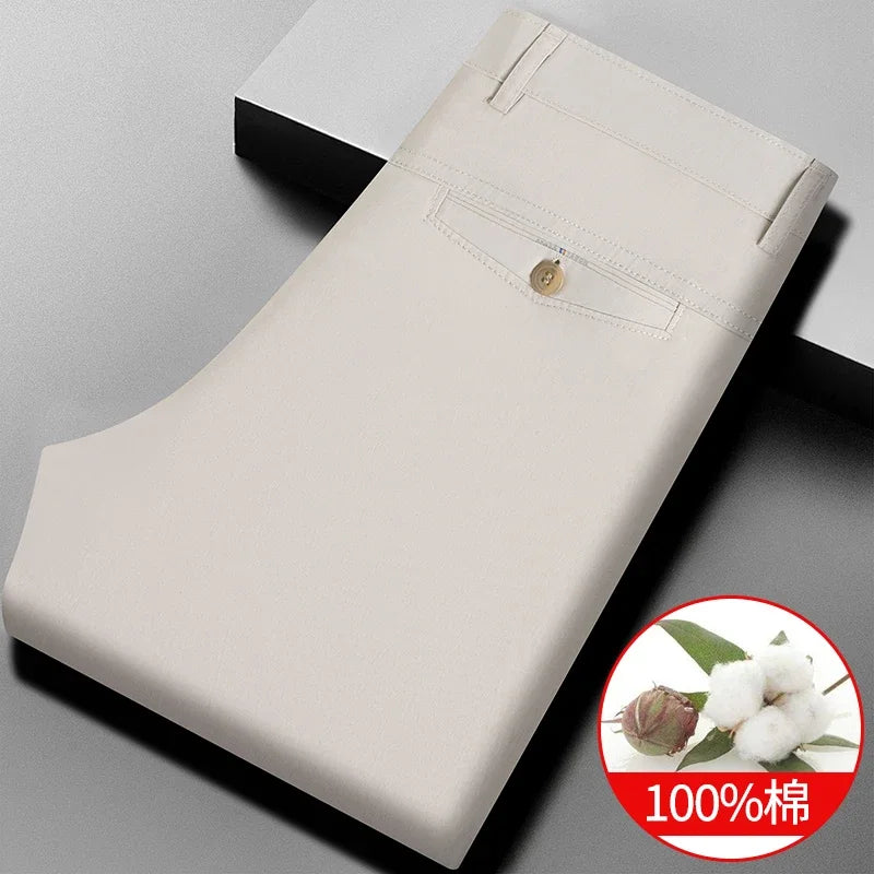 Men Cotton Straight Casual Chinos Soft Breathable Twill Fabric Zip Fly Side Slash Pockets Office Daily Commuting Long Bottoms