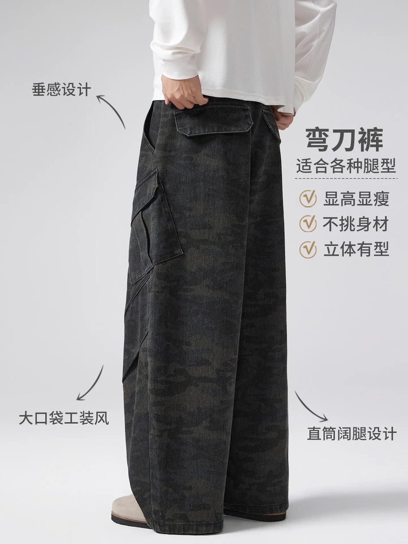 DUKEEN Men's Vintage Camouflage Cargo Pants - Loose Fit Straight Leg Work Pants with Pockets & Distressed Details for Spring