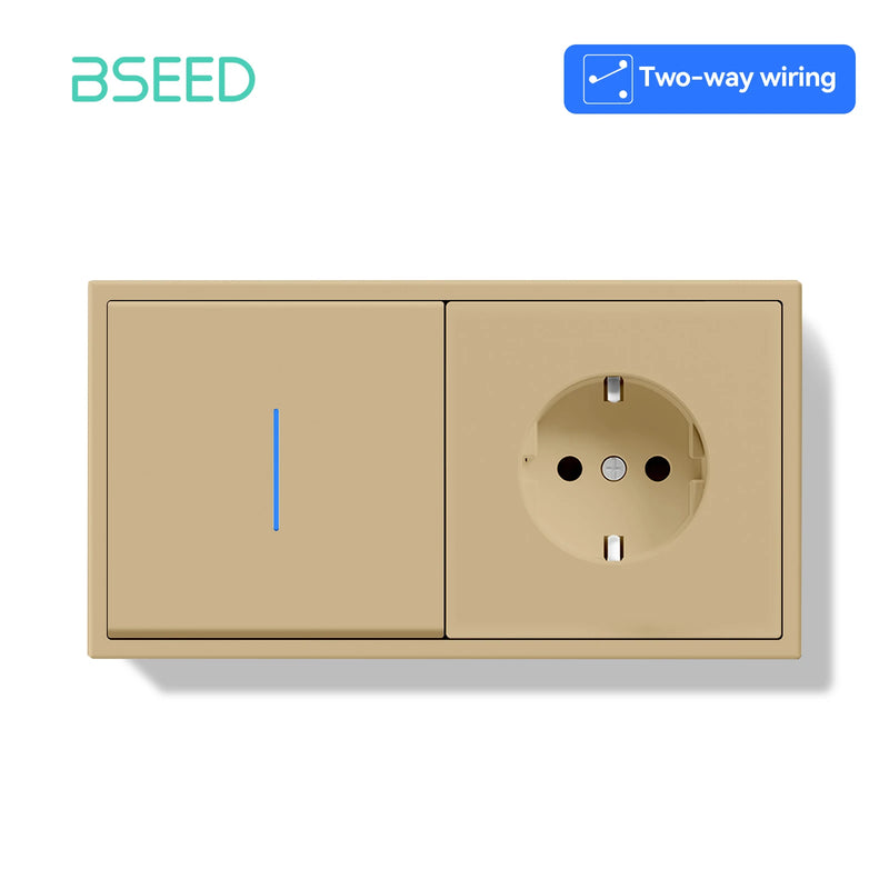 BSEED 1/2Gang 2Way Button Light Switch With EU Socket 20W AC Socket Plastic Frame Wall Switch On Off For Stairs LED Backlight