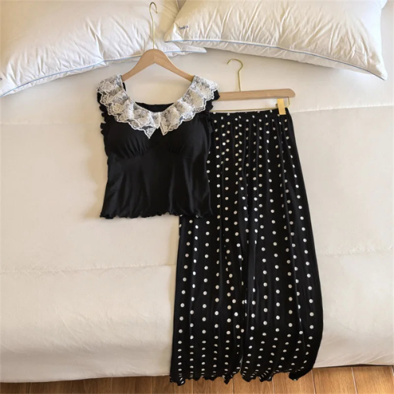 Chest Pads Summer Pajamas Set Soft Sleepwear Lounge Wear Sleeveless 2 Piece Loungewear Suit for Home Wear Pijama Woman Clothes