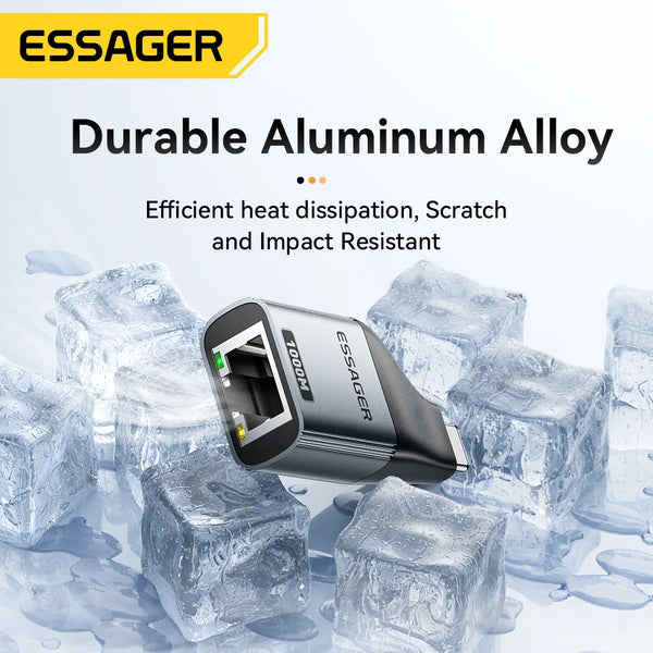 ឧបករណ៍ភ្ជាប់ Essager Type-C ទៅ Ethernet 100/1000Mbps Gigabit ល្បឿនលឿន RJ45 ទៅ Type-c សម្រាប់ MacBook Laptop កាតបណ្តាញមានខ្សែ